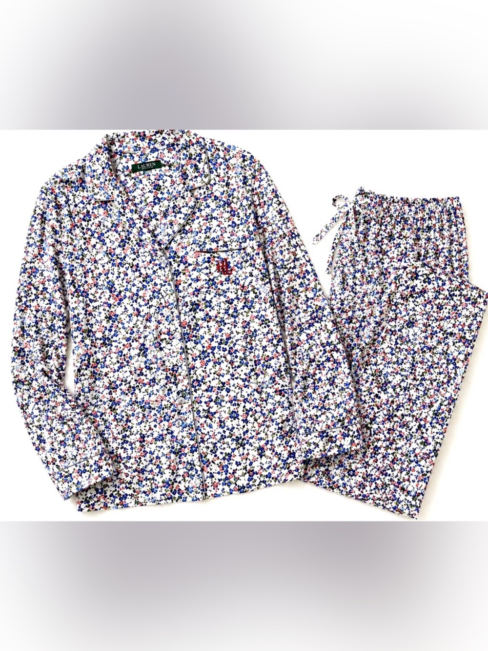Ralph Lauren Floral Pajama Set Medium Cotton Button Front Drawstring Pants
